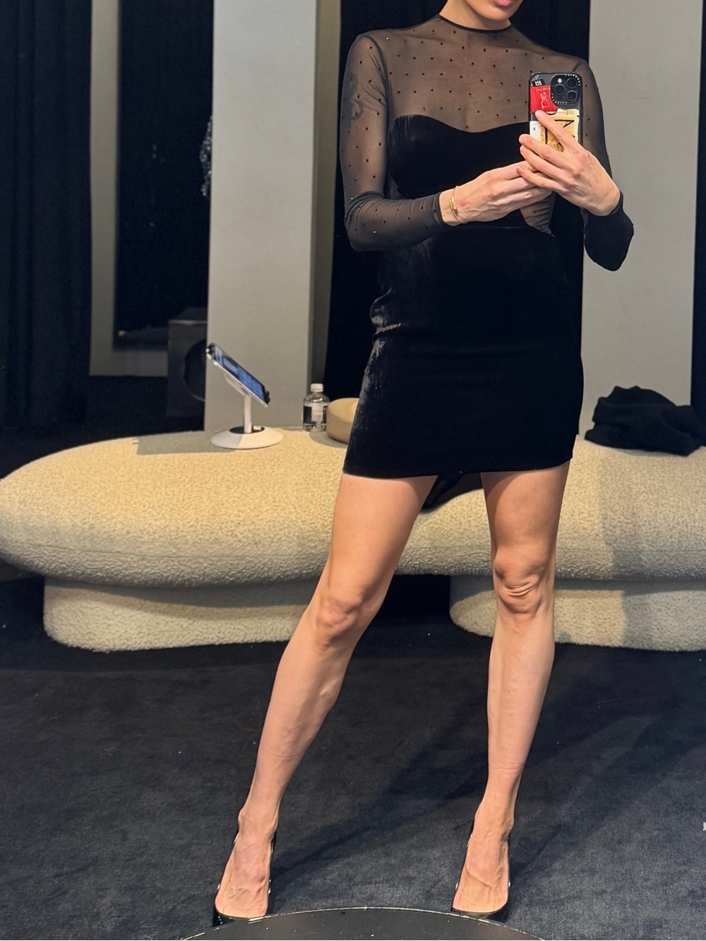 Retrofete Black Velvet Mini Dress with Sheer Beaded Sleeves